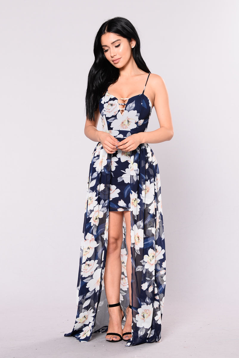 Floral Waterfall Dress - Navy | Fashion ...